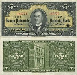 LA BANQUE PROVINCIALE DU CANADA -  5 DOLLARS 1936 (VG) -  BILLETS DU CANADA 1936