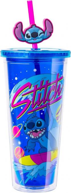 LILO ET STITCH -  « SURFER » TASSE FROIDE HAUTE EN PLASTIQUE AVEC COUVERCLE ET PAILLE AVEC POINTS DE SUTURE (591 ML) -  DISNEY