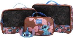 LILO & STITCH -  ENSEMBLE DE 3 PIECES ORGANISATEURS DE VALISE AVEC ÉTIQUETTE À BAGAGE DE STITCH - BRUN