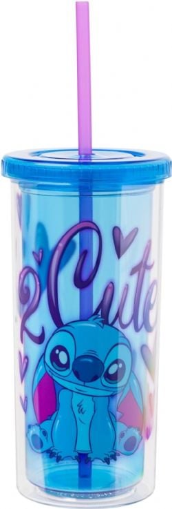 LILO & STITCH -  « 2 CUTE » TASSE FROIDE HAUTE EN PLASTIQUE AVEC COUVERCLE ET PAILLE AVEC POINTS DE SUTURE (591 ML)