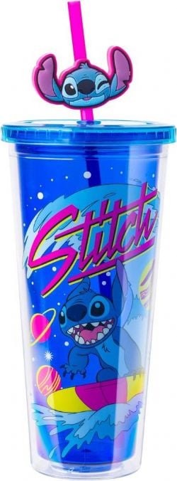 LILO & STITCH -  « SURFER » TASSE FROIDE HAUTE EN PLASTIQUE AVEC COUVERCLE ET PAILLE AVEC POINTS DE SUTURE (591 ML)