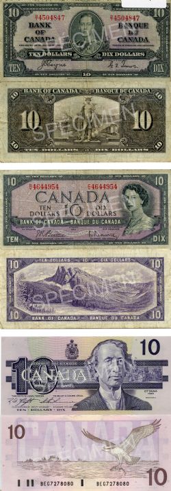 LOT DE BILLETS CANADIENS -  10 DOLLARS DE 1937, 1954 PORTRAIT MODIFIÉ ET 1989