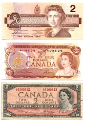 LOT DE BILLETS CANADIENS -  2 DOLLARS DE 1954 PORTRAIT MODIFIÉ, 1974 ET 1986