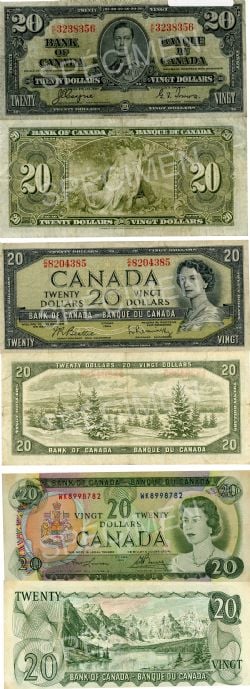 LOT DE BILLETS CANADIENS -  20 DOLLARS DE 1937, 1954 PORTRAIT MODIFIÉ ET 1969