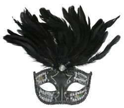 LOUP -  LOUP VÉNITIEN AVEC PLUMES ET PIERRES - NOIR/ARGENT