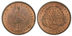 LOWER-CANADA TOKEN -  1837 PROVINCE DU BAS CANADA DEUX SOUS, /CITY BANK ON RIBBON, FAIBLE, AVEC POINT -  LOWER-CANADA TOKENS