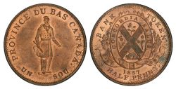LOWER-CANADA TOKEN -  1837 PROVINCE DU BAS CANADA UN SOU, /CITY BANK ON RIBBON, V PLUS BAS QUE LE I (AG) -  JETONS DU BAS-CANADA 1837