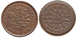 LOWER-CANADA TOKEN -  1837 ÉMISSION DE BELLEVILLE UN SOU BANQUE DU PEUPLE, COURONNE FERMÉE, GRAND NOEUD ET STRIÉE -  JETONS DU BAS-CANADA 1837