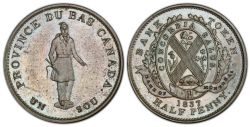 LOWER-CANADA TOKEN -  JETONS UN SOU HABITANT, BANK OF MONTREAL SUR LE RUBAN, V-PLUS BAS (AG) -  JETONS DU BAS-CANADA 1858