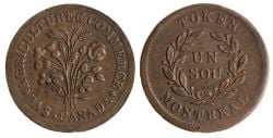 LOWER-CANADA TOKEN -  NO DATE REVERSE WREATH/AGRICULTURE & COMMERCE BAS-CANADA TOKEN MONTREAL UN SOU, CUIVRE, LISSE, FLAN MINCE -  LOWER-CANADA TOKENS