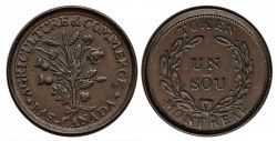 LOWER-CANADA TOKEN -  TOKEN MONTREAL UN SOU - AGRICULTURE & COMMERCE BAS-CANADA, SEIZE FEUILLE, TROIS TRÈFLES, PETIT NOEUD GAUCHE, BAIE À GAUCHE -  LOWER-CANADA TOKENS