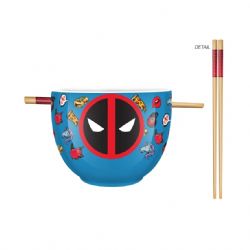 MARVEL -  LOGO DEADPOOL, BLEU, AVEC BAGUETTES ET CUILLÈRE -  BOL À RAMEN EN CÉRAMIQUE