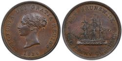 NEW BRUNSWICK TOKEN -  ONE PENNY CURRENCY, DRAPEAU INCOMPLET 1854 -  1854 NEW BRUNSWICK TOKENS