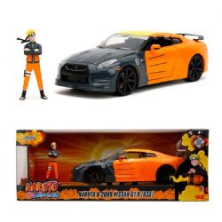 NISSAN -  2009 NISSAN GT-R (R35) 1/24 AVEC FIGURINE NARUTO - ORANGE ET GRIS FONCÉ AVEC DESSUS JAUNE ET GRAPHIQUES