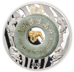 PIÈCE DE 2 OZ EN ARGENT PUR – ANNÉE DU TIGRE – PIÈCE AVEC ORNEMENT EN JADE ET PLACAGE D'OR SÉLECTIF -  BANQUE DE LA RDP LAOS 2022