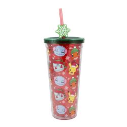 POKÉMON -  GOBELET ROUGE ET VERT DE NOËL AVEC PAILLE ET EMBOUT EN FLOCON DE NEIGE (709 ML) -  TASSE FROIDE