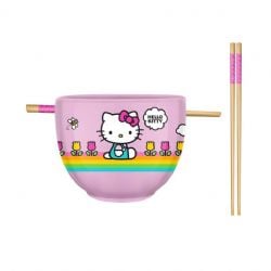 SANRIO -  BOL À RAMEN EN CÉRAMIQUE AVEC BAGUETTES HELLO KITTY ARC-EN-CIEL ET FLEURS