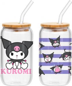 SANRIO -  GOBELET & PAILLE EN VERRE AVEC COUVERCLE EN BAMBOU DE KUROMI ASSIS (2X 473 ML)