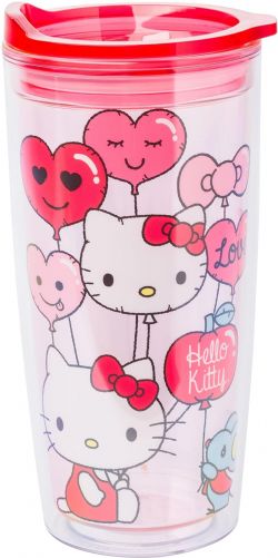 SANRIO -  HELLO KITTY GOBELET DE VOYAGE À DOUBLE PAROI AVEC COUVERCLE COULISSANT MOTIF CŒURS (591 ML)