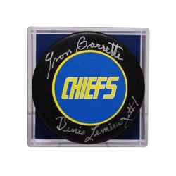 SLAP SHOT -  CHIEFS - RONDELLE DE HOCKEY AUTOGRAPHIÉE PAR YVON BARRETTE (LOGO)