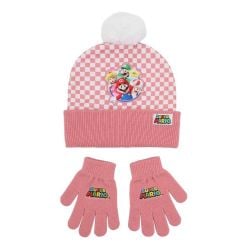 SUPER MARIO -  TUQUE À POMPOM ET GANTS ROSES (ENFANTS)