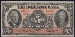 THE DOMINION BANK -  5 DOLLARS 1938 (VF) -  BILLETS DU CANADA 1938