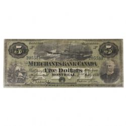 THE MERCHANTS BANK OF CANADA -  5 DOLLARS 1886 (F+) -  BILLETS DU CANADA 1886